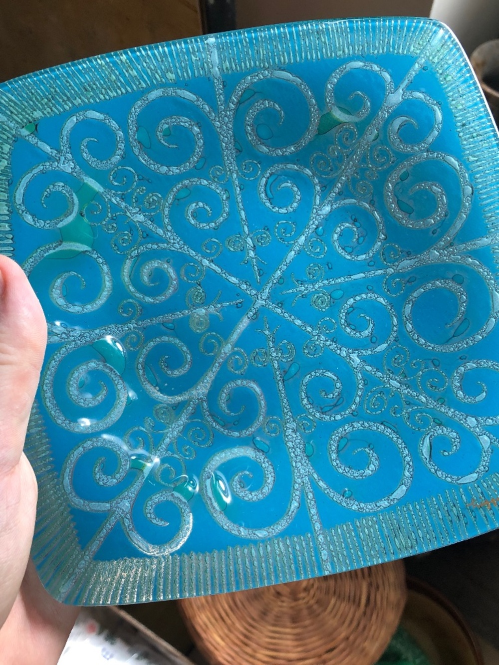 Vintage 1960s Higgins Fused Glass Tray. 7.25” square.
